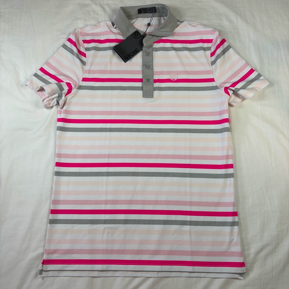 G/FORE Favorite Stripe Tech Jersey Golf Polo CAMEO Pink White Gray Men’s Size M